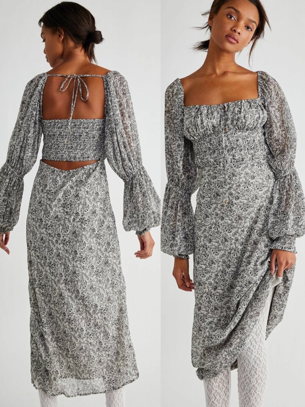 NEW Free People Glow Up Floral Midi Dress S Slate Cottage Milkmaid Coquette $168